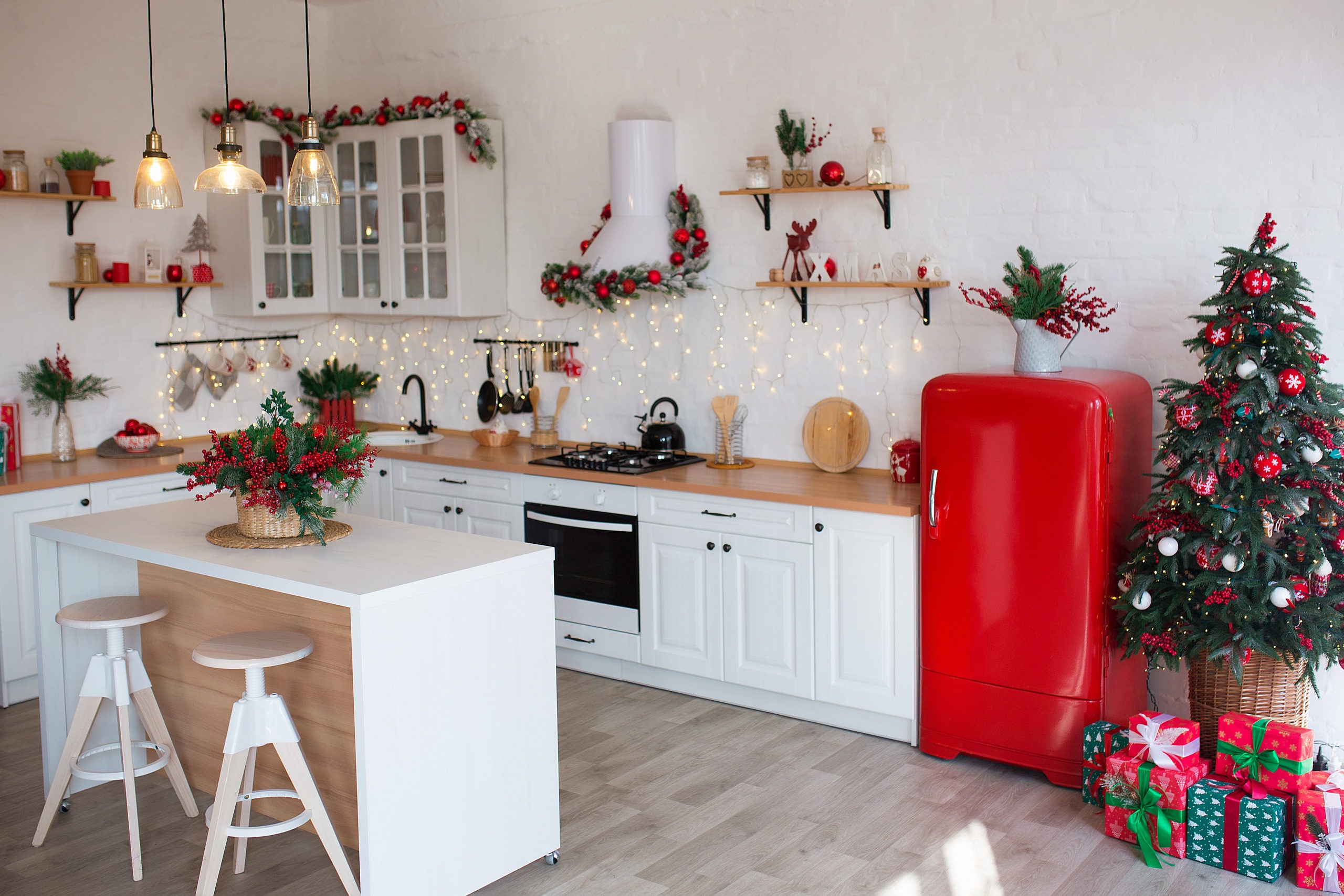 kitchen decorated for Christmas
