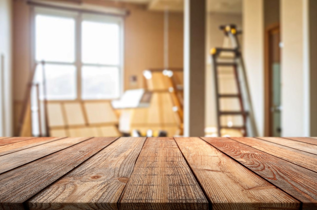 wooden table at kitchen interior background