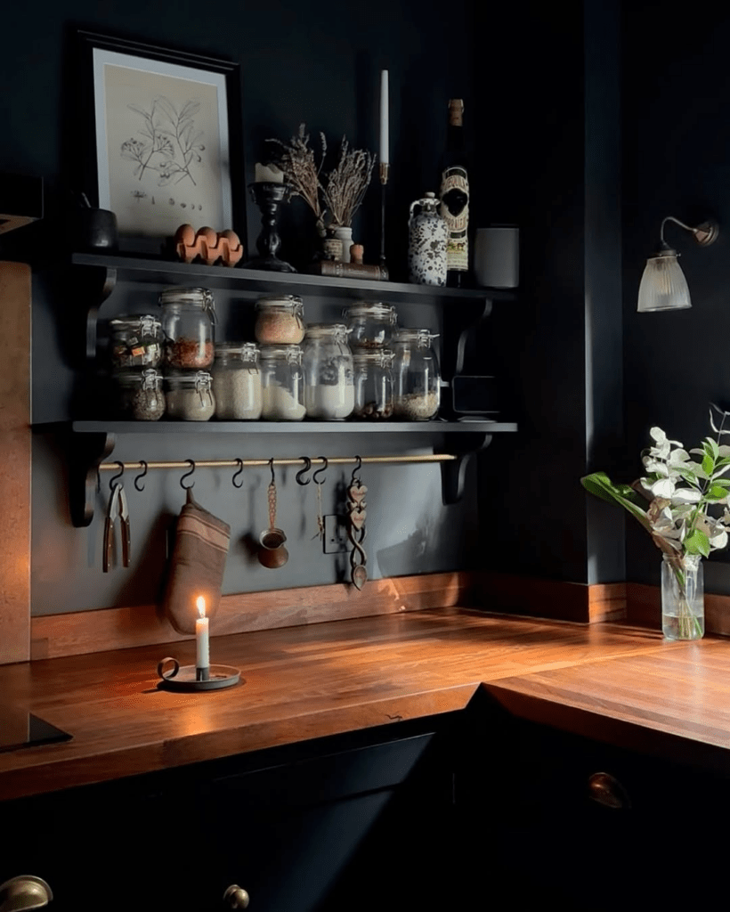 Dark maximalist kitchen with two shelves, one for spices and one for art, wine, and more.